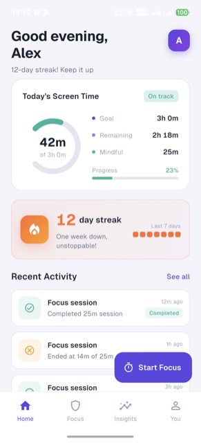 FocusMe home screen: today's screen time, streak and recent activity