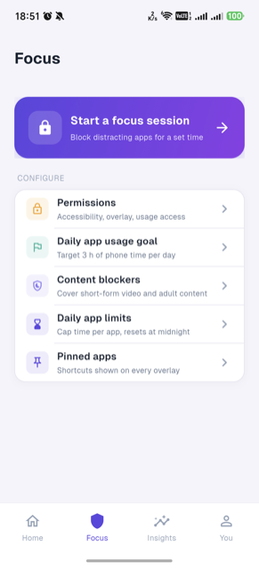 Focus tab: permissions, screen-time goal, content blockers, daily limits