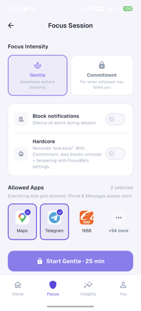 Focus session setup: choose duration and apps